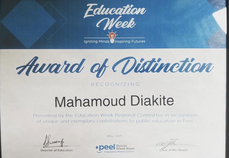Award of Distinction - Peel District School Board - Mahamoud Diakite